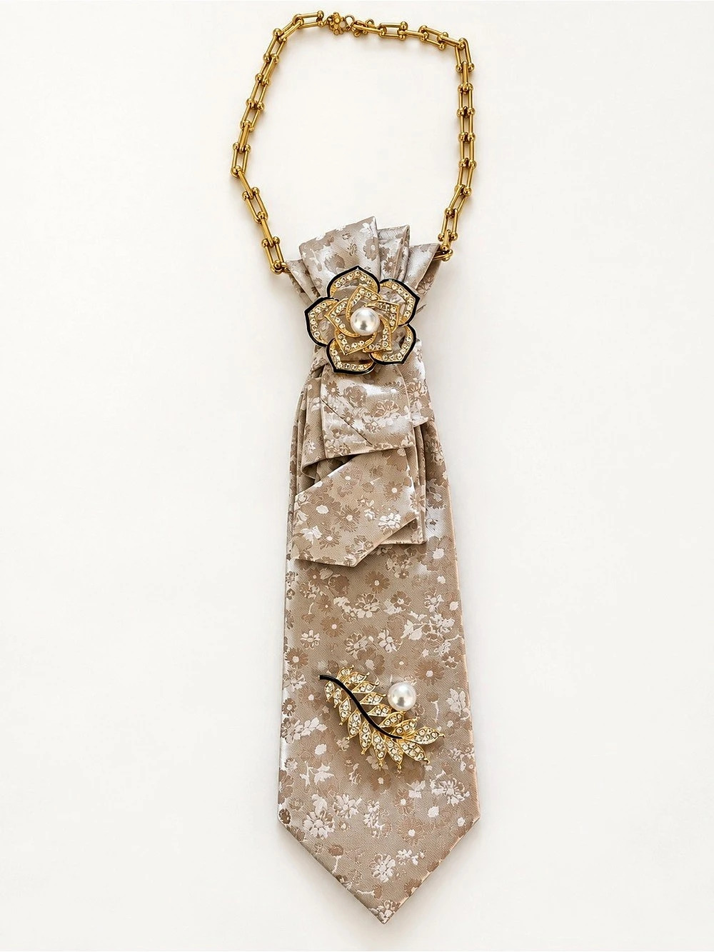 Handmade Unique Floral Necktie Statement Necklace with Gold Chain & Pearl Brooch